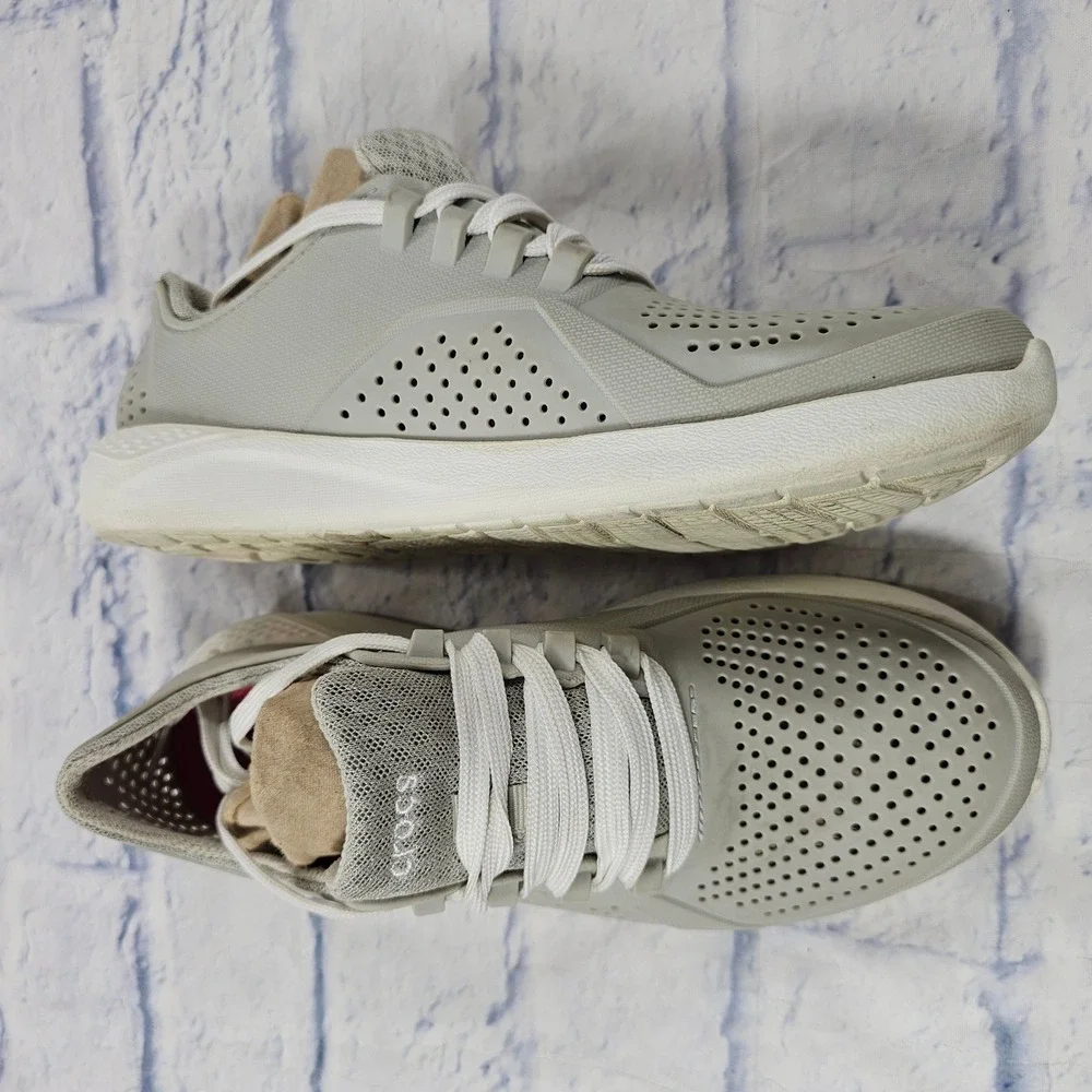 Crocs LiteRide Pacer Sneakers Womens 8 Light Gray White Breathable Lace Up Shoes